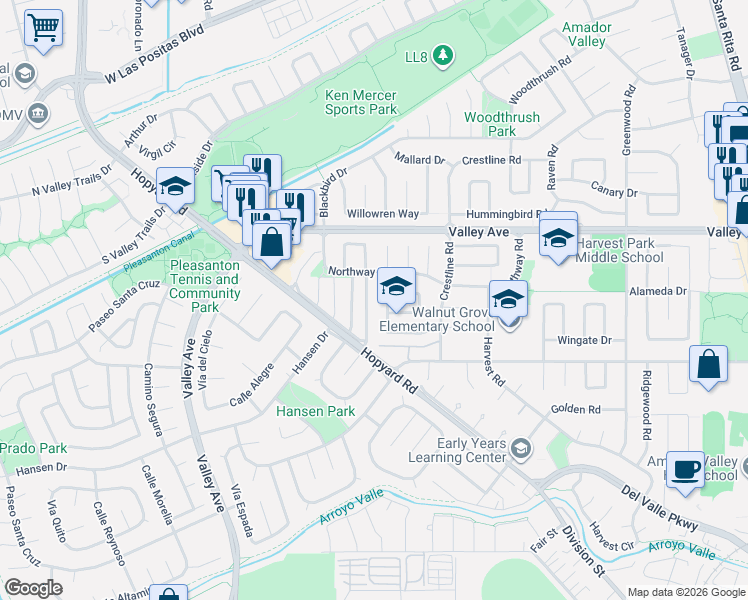 map of restaurants, bars, coffee shops, grocery stores, and more near 2179 Goldcrest Circle in Pleasanton