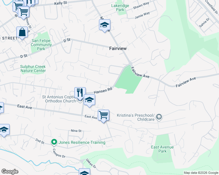 map of restaurants, bars, coffee shops, grocery stores, and more near 2953 Hansen Road in Hayward