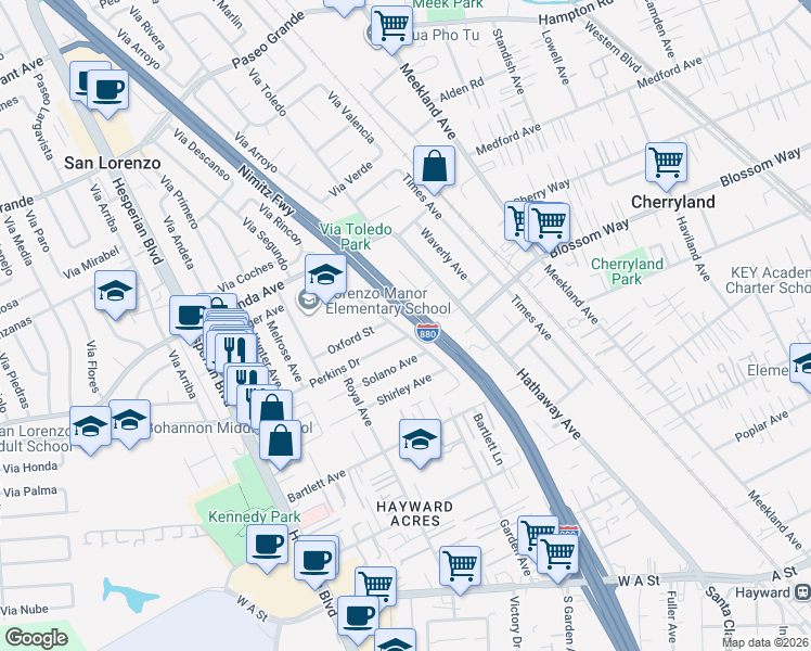 map of restaurants, bars, coffee shops, grocery stores, and more near 19502 Ricardo Avenue in Hayward