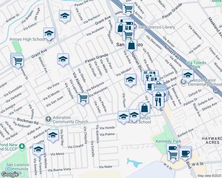 map of restaurants, bars, coffee shops, grocery stores, and more near 17015 Via Pasatiempo in San Lorenzo