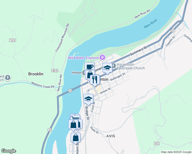 map of restaurants, bars, coffee shops, grocery stores, and more near 212 Temple Street in Hinton