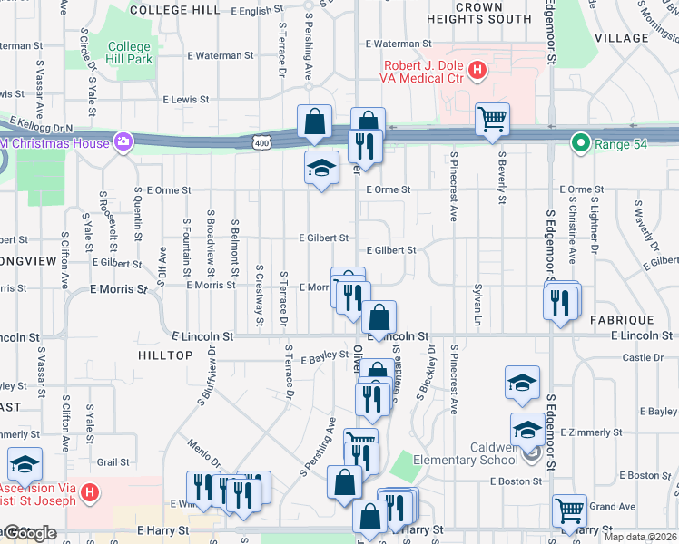 map of restaurants, bars, coffee shops, grocery stores, and more near 751 Oliver in Wichita