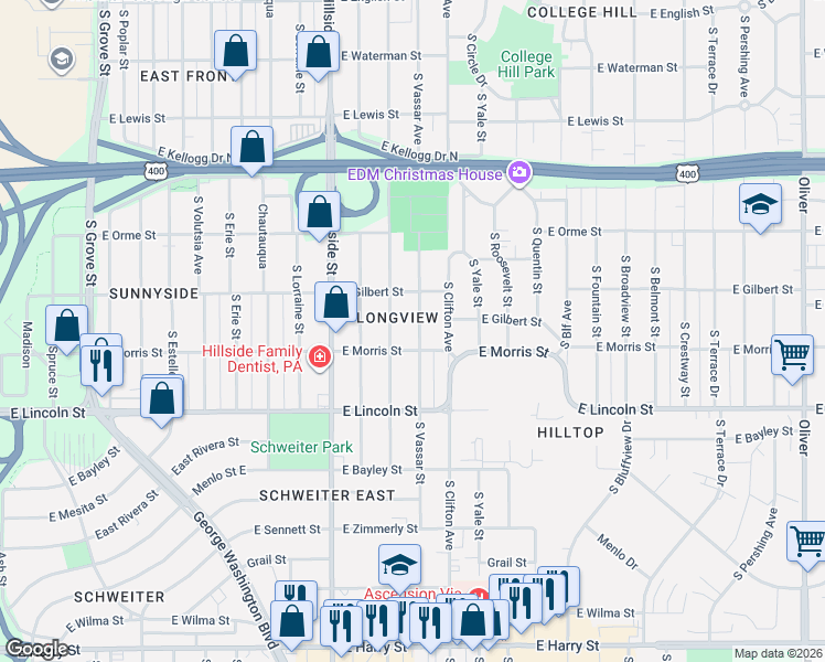 map of restaurants, bars, coffee shops, grocery stores, and more near 752 South Rutan Avenue in Wichita