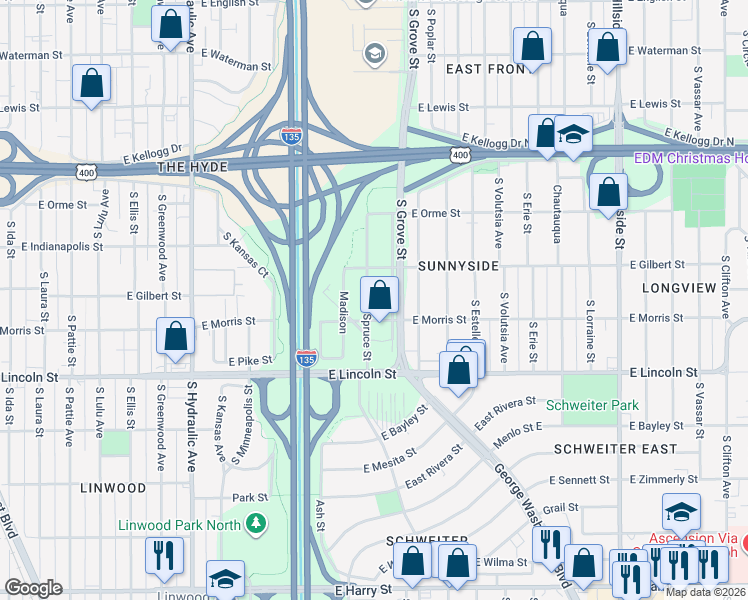 map of restaurants, bars, coffee shops, grocery stores, and more near 722 Spruce Street in Wichita
