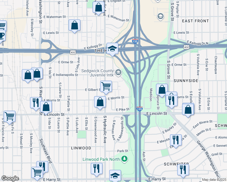 map of restaurants, bars, coffee shops, grocery stores, and more near 1052 South Kansas Street in Wichita