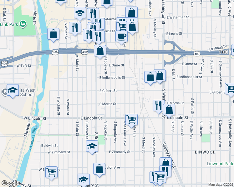 map of restaurants, bars, coffee shops, grocery stores, and more near 1013 Saint Francis in Wichita
