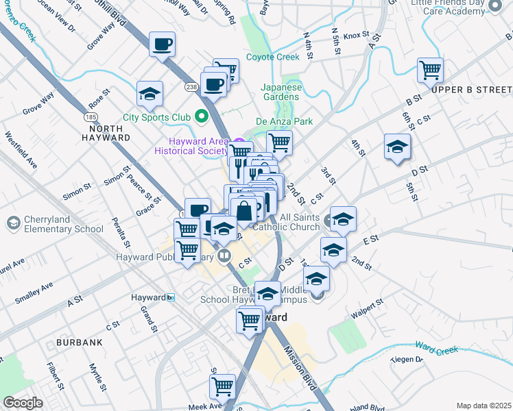 map of restaurants, bars, coffee shops, grocery stores, and more near 1068 B Street in Hayward