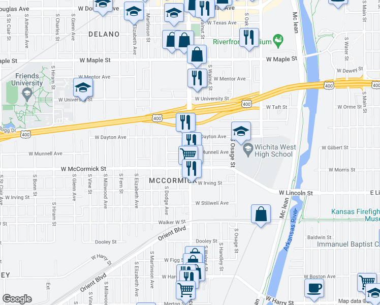 map of restaurants, bars, coffee shops, grocery stores, and more near S Seneca St & Munnell St in Wichita