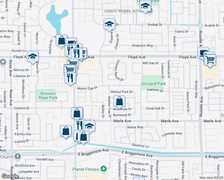 map of restaurants, bars, coffee shops, grocery stores, and more near 2400 Walnut Park Drive in Modesto