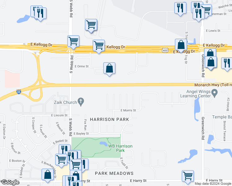 map of restaurants, bars, coffee shops, grocery stores, and more near 708 South Red Oaks Circle in Wichita