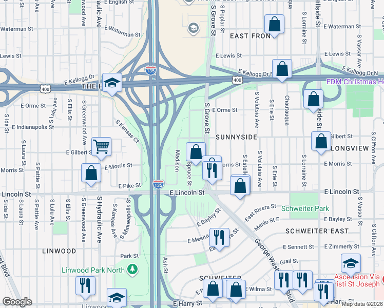 map of restaurants, bars, coffee shops, grocery stores, and more near 722 Spruce Street in Wichita