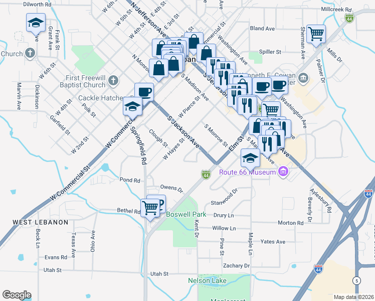 map of restaurants, bars, coffee shops, grocery stores, and more near 410 Perry Street in Lebanon