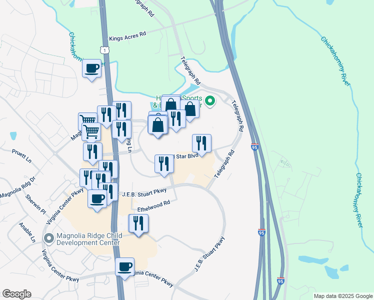 map of restaurants, bars, coffee shops, grocery stores, and more near in Glen Allen