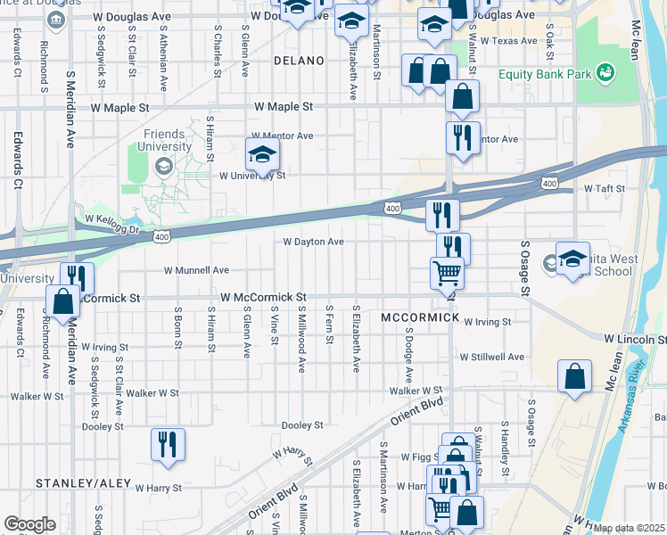 map of restaurants, bars, coffee shops, grocery stores, and more near 830 South Fern Street in Wichita