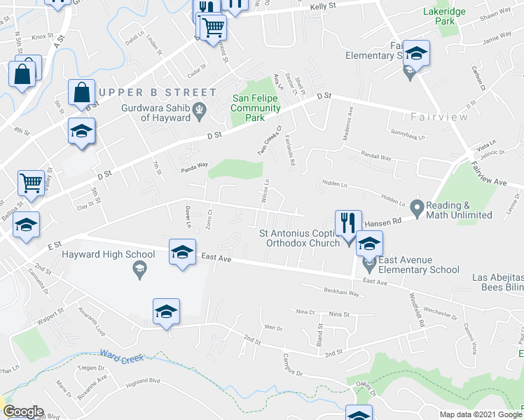 map of restaurants, bars, coffee shops, grocery stores, and more near E Street & Wilcox Lane in Hayward