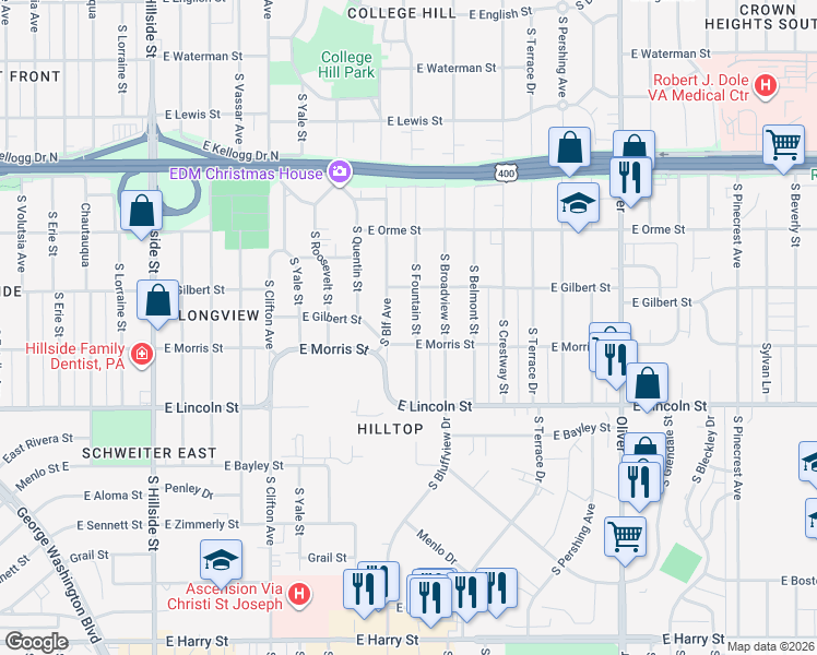 map of restaurants, bars, coffee shops, grocery stores, and more near 752 South Fountain Street in Wichita