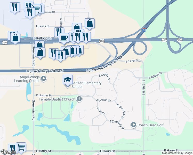 map of restaurants, bars, coffee shops, grocery stores, and more near 12005 East Laguna Court in Wichita