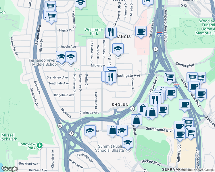 map of restaurants, bars, coffee shops, grocery stores, and more near 63 Saint Francis Square in Daly City