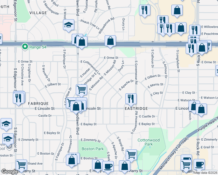 map of restaurants, bars, coffee shops, grocery stores, and more near 7001 East Cottonwood Lane in Wichita
