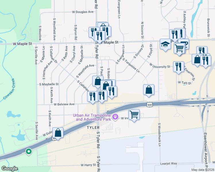 map of restaurants, bars, coffee shops, grocery stores, and more near 539 South Robin Road in Wichita