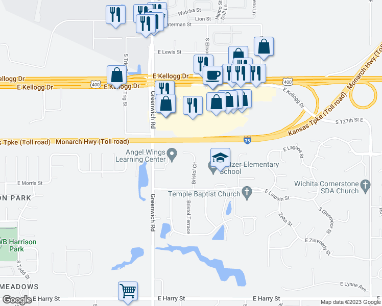 map of restaurants, bars, coffee shops, grocery stores, and more near 811 Bristol Circle in Wichita