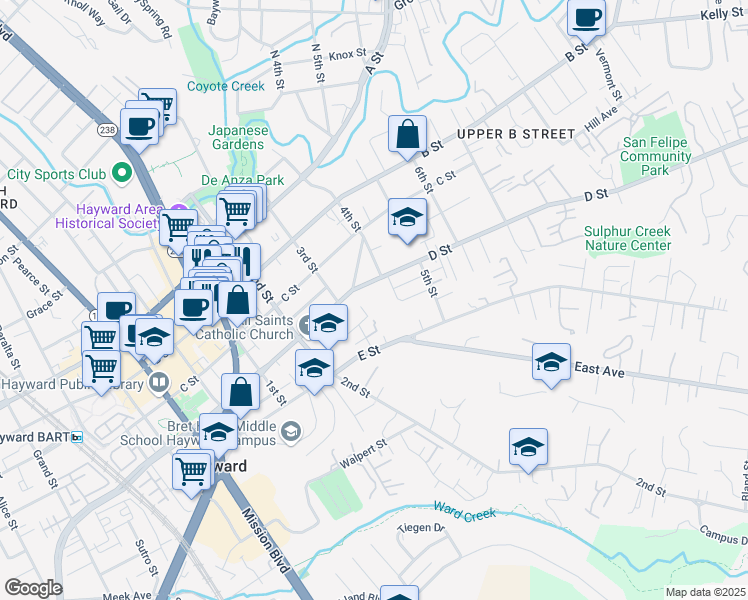 map of restaurants, bars, coffee shops, grocery stores, and more near 1328 Terrace Avenue in Hayward