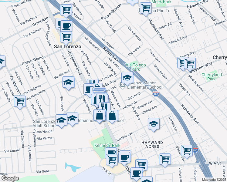map of restaurants, bars, coffee shops, grocery stores, and more near 18433 Bengal Avenue in Hayward
