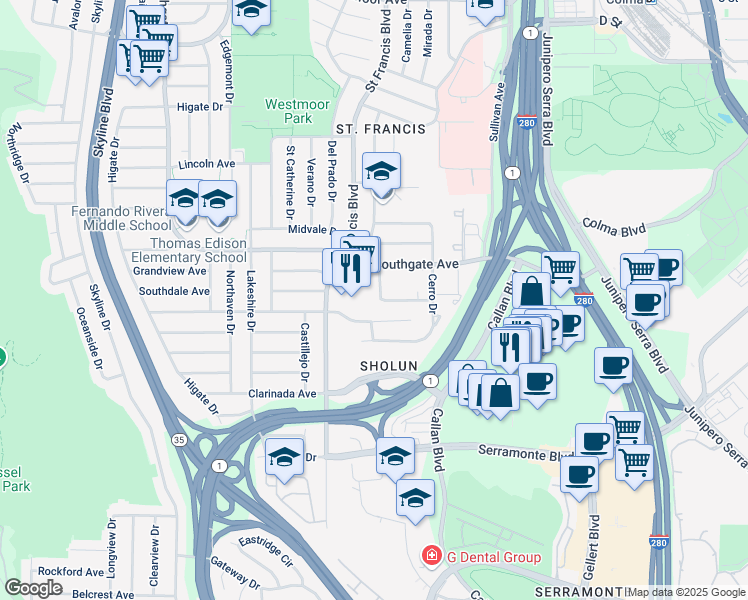 map of restaurants, bars, coffee shops, grocery stores, and more near 32 Belhaven Court in Daly City