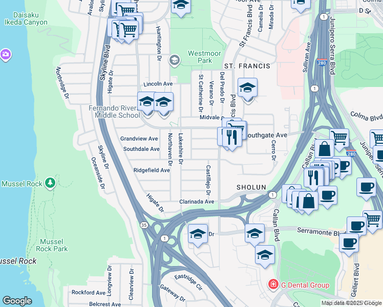 map of restaurants, bars, coffee shops, grocery stores, and more near 81 Belhaven Avenue in Daly City