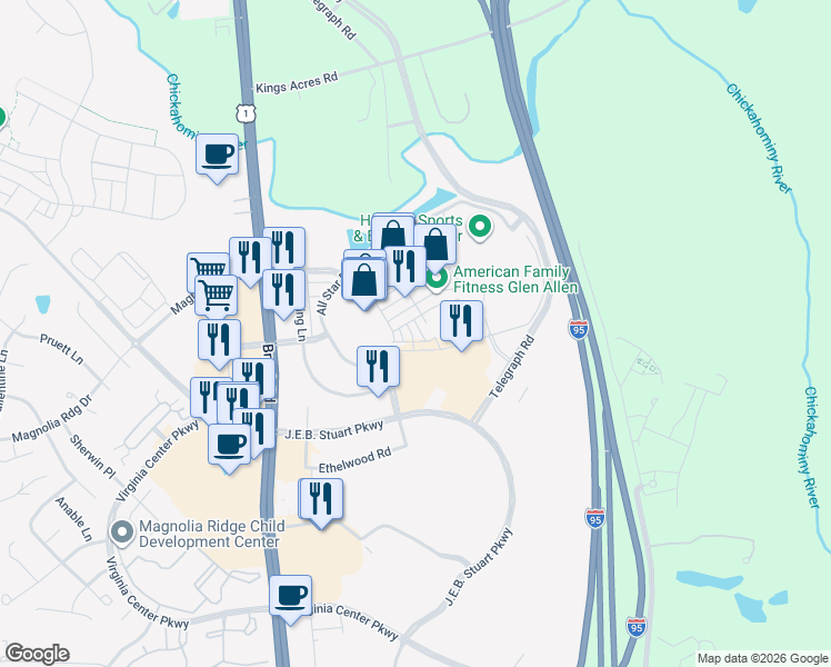 map of restaurants, bars, coffee shops, grocery stores, and more near 10069 Brook Rd in Glen Allen