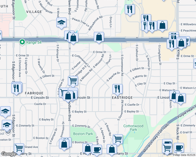 map of restaurants, bars, coffee shops, grocery stores, and more near 7001 East Cottonwood Lane in Wichita