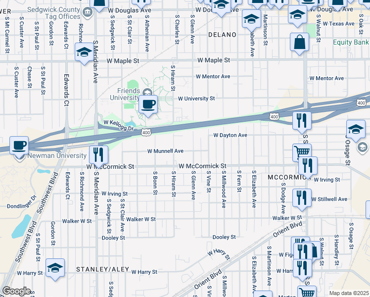 map of restaurants, bars, coffee shops, grocery stores, and more near 1931 Munnell West Street in Wichita