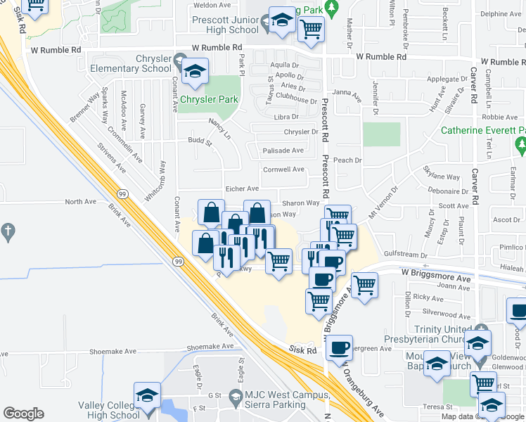 map of restaurants, bars, coffee shops, grocery stores, and more near 2221 Jason Way in Modesto