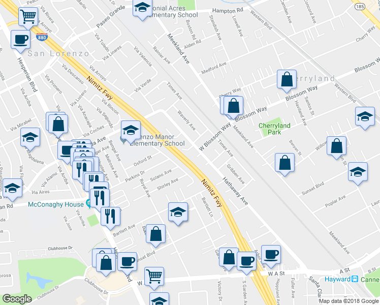 map of restaurants, bars, coffee shops, grocery stores, and more near 224 Flanders Court in Hayward