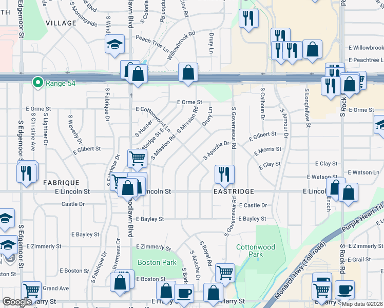 map of restaurants, bars, coffee shops, grocery stores, and more near 7001 East Cottonwood Lane in Wichita