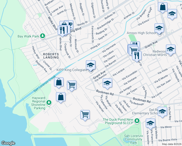 map of restaurants, bars, coffee shops, grocery stores, and more near 2005 Via Barrett in San Lorenzo