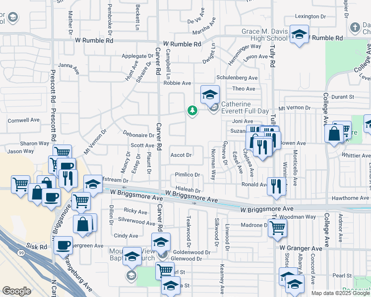 map of restaurants, bars, coffee shops, grocery stores, and more near 1629 Ascot Drive in Modesto