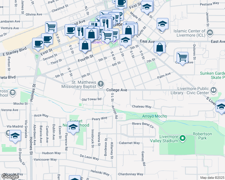 map of restaurants, bars, coffee shops, grocery stores, and more near College Avenue & South L Street in Livermore