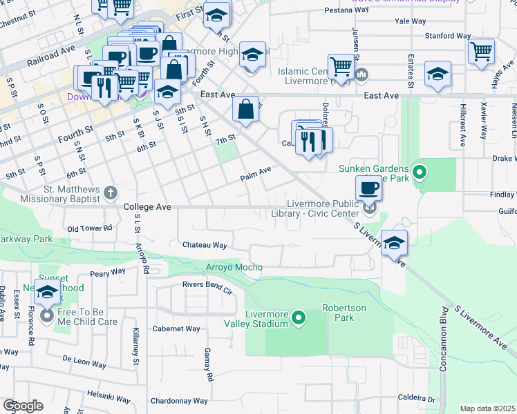 map of restaurants, bars, coffee shops, grocery stores, and more near 2545 College Avenue in Livermore