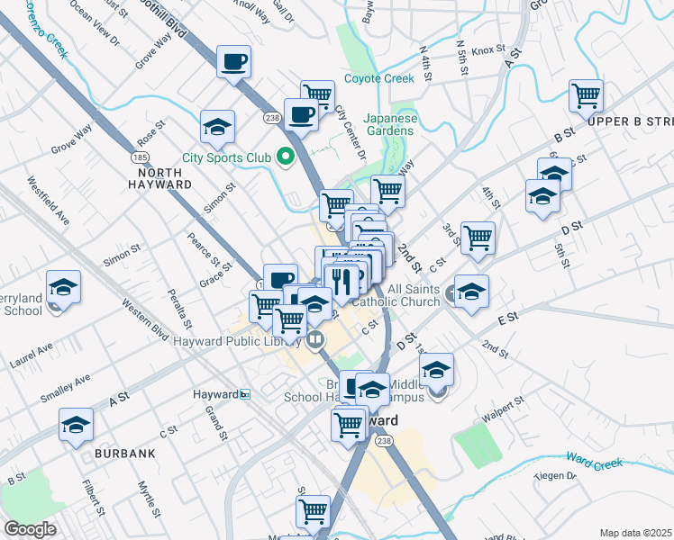 map of restaurants, bars, coffee shops, grocery stores, and more near 1072 B Street in Hayward