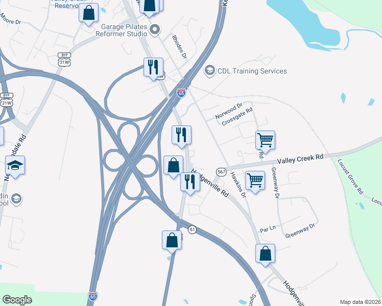 map of restaurants, bars, coffee shops, grocery stores, and more near 717 East Dixie Avenue in Elizabethtown