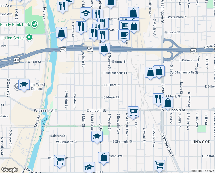 map of restaurants, bars, coffee shops, grocery stores, and more near 1030 S Broadway St in Wichita