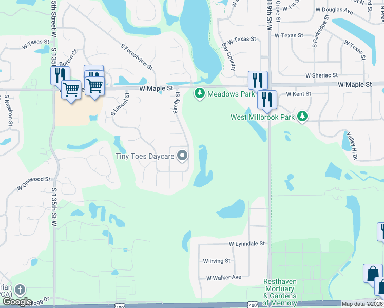 map of restaurants, bars, coffee shops, grocery stores, and more near 524 Firefly Street in Wichita