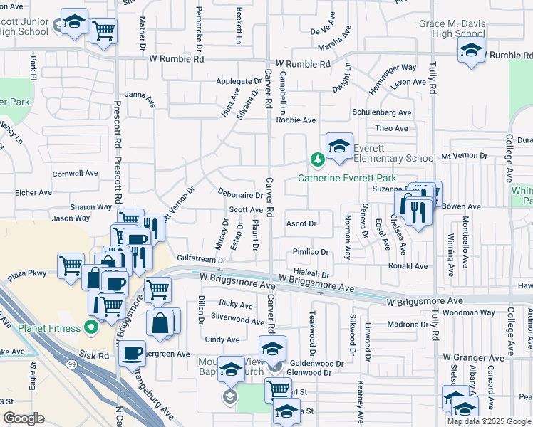 map of restaurants, bars, coffee shops, grocery stores, and more near 2105 Carver Road in Modesto