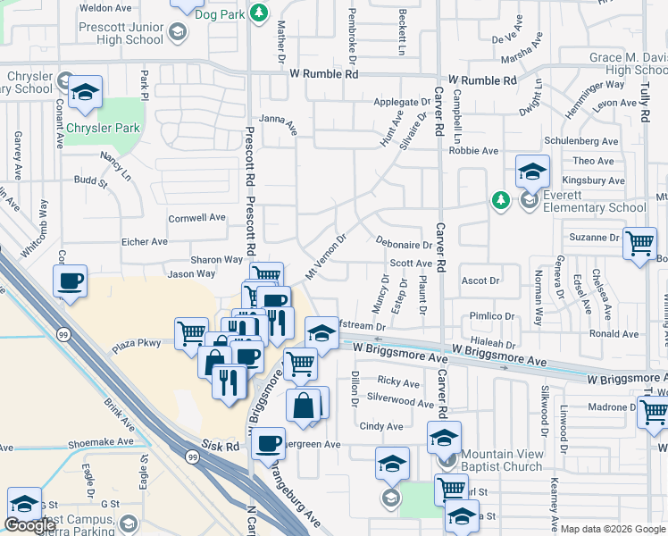 map of restaurants, bars, coffee shops, grocery stores, and more near 2016 Girard Avenue in Modesto