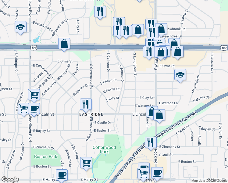 map of restaurants, bars, coffee shops, grocery stores, and more near 7310 East Clay Street in Wichita