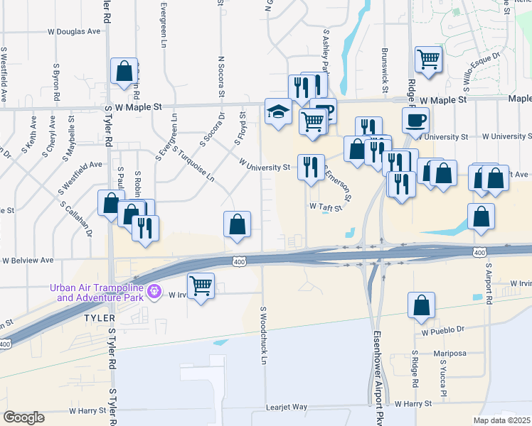 map of restaurants, bars, coffee shops, grocery stores, and more near 548 South Woodchuck in Wichita