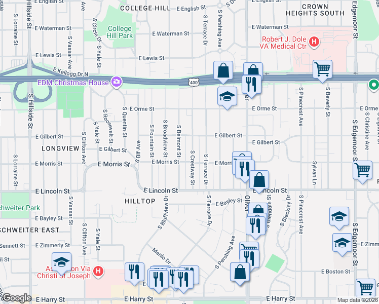 map of restaurants, bars, coffee shops, grocery stores, and more near 755 South Crestway Street in Wichita