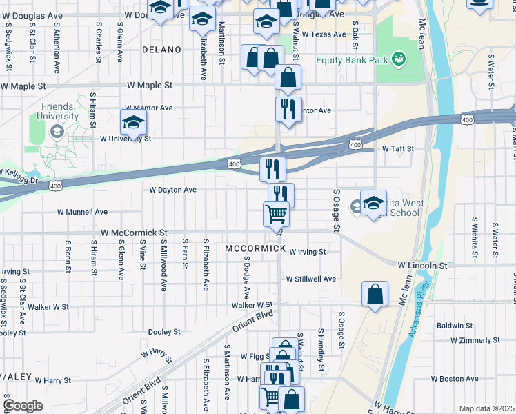 map of restaurants, bars, coffee shops, grocery stores, and more near 1132 West Munnell Avenue in Wichita