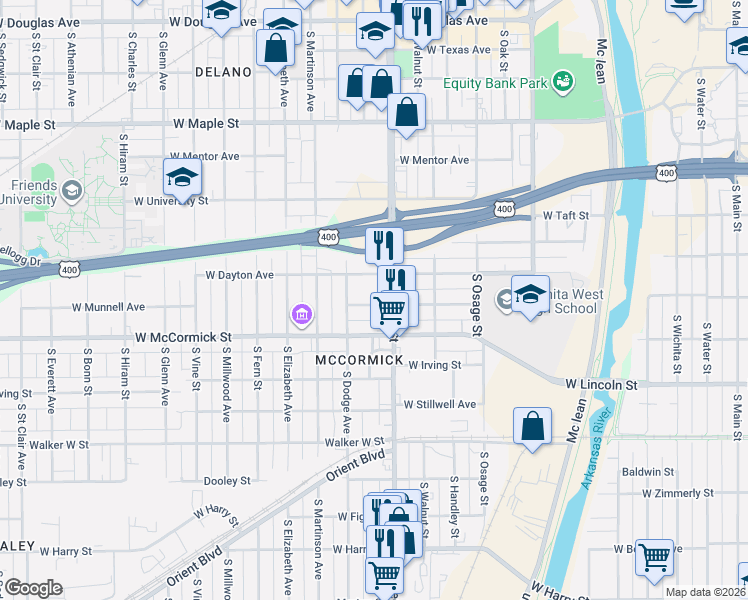 map of restaurants, bars, coffee shops, grocery stores, and more near in Wichita